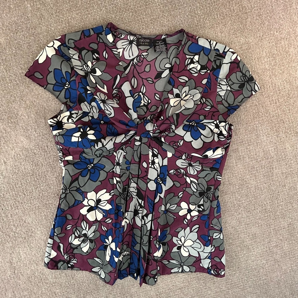 Nicole By Nicole Miller Blouse Top Women 6 Multi Floral Twisted Front Cap Sleeve
